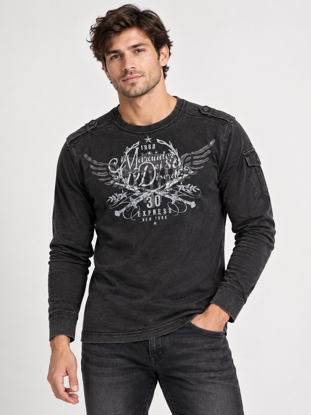Express Men’s Long Sleeve Graphic Shirt Size L Black Military Y2K Style